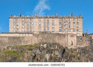 Ample views of the New Barracks built in 1799 to accommodate Scottish soldiers and military troops, part of the prominent castle settled in the middle of the city on Castle Rock, Edinburgh, Scotland