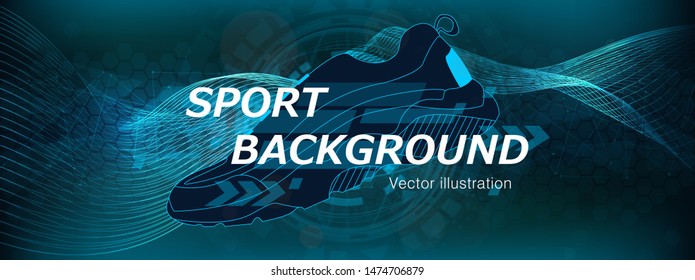 Amplitude Sport Abstract Background with a sneaker and dynamic waves. Poster for Sports. Abstract soundtrack wave energy background. Illustration with dynamic waves, arrows, lines.  - Shutterstock ID 1474706879