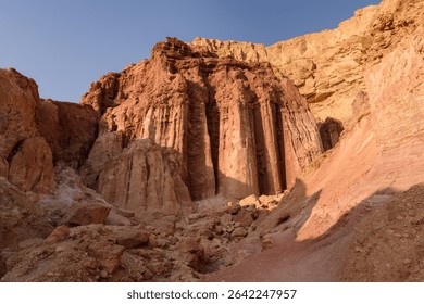 Amram's Pillars, a central geologic feature of the Arava Desert in southern Israel's Eilat Mountains, formed by millenia of sandstone erosion. 