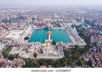 Amritsar, Panjab, India -  March 06, 2022: Aerial View Of Golden Temple Located At Amritsar, Panjab, India