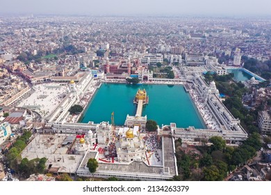 Amritsar, Panjab, India - March 06, 2022: Aerial View Of Golden Temple Located At Amritsar, Panjab, India