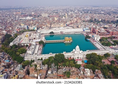 Amritsar, Panjab, India - March 06, 2022: Aerial View Of Golden Temple Located At Amritsar, Panjab, India