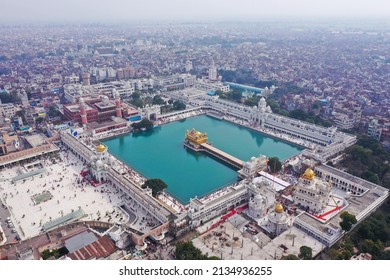 Amritsar, Panjab, India - March 06, 2022: Aerial View Of Golden Temple Situated At Amritsar, Panjab, India 