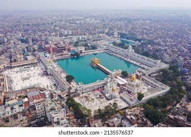 Amritsar, Panjab, India - March 06, 2022: Aerial View Of Golden Temple Located At Amritsar, Panjab, India