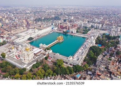 Amritsar, Panjab, India - March 06, 2022: Aerial View Of Golden Temple Located At Amritsar, Panjab, India