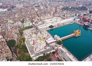 Amritsar, Panjab, India - March 06, 2022: Aerial View Of Golden Temple Located At Amritsar, Panjab, India