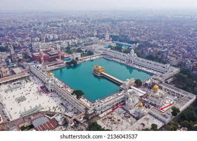 Amritsar, Panjab, India -  March 06, 2022: Aerial View Of Golden Temple Located At Amritsar, Panjab, India