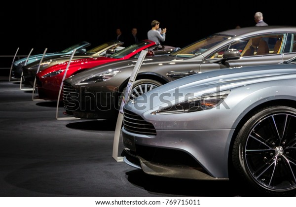 AMSTERDAM - APR 16, 2015: Line of Aston\
Martin cars at the Amsterdam AutoRAI 2015 Motor\
Show.