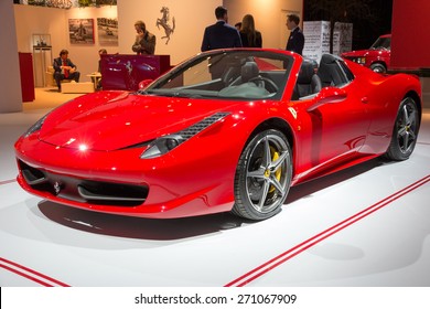 AMSTERDAM - APRIL 16, 2015: Ferrari 458 Spider at the AutoRAI 2015. The 458 replaced the Ferrari F430 in 2009 and is now replaced by  the Ferrari 488 GTB which was unveiled in Geneva 2015. 