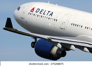 AMSTERDAM - APRIL 21: A Delta Air Lines Airbus A330 takes off on April 21, 2015 in Amsterdam. Delta is one out of the three major American legacy carriers with its headquarters in Atlanta.