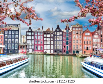 Amsterdam Architecture At Damrak Canal In Spring, Netherlands