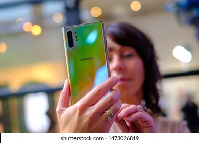 AMSTERDAM, AUGUST 2, 2019 - Newly launched Samsung Galaxy Note 10 and Note 10+ smartphones are displayed for editorial purposes at a media event.