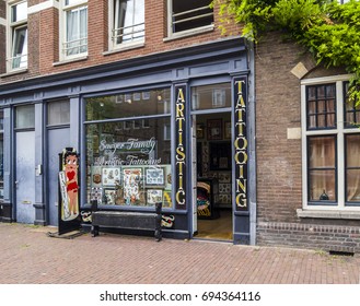 Amsterdam, August 2017. Outside view of a tattoo shop
