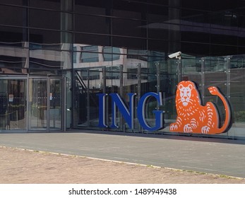 AMSTERDAM - AUGUST 25, 2019: ING Corporate Headquarters Entrance And Sign Brand Logo