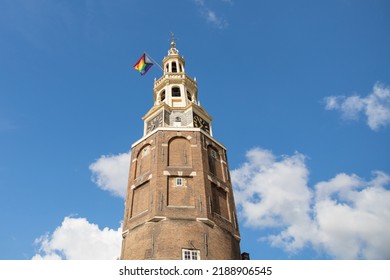 Amsterdam - August 9 2022: Westerkerk With Rainbow Flag In Top. Blue Sky. Pride Or Canal Parade, Part Of A Serie.