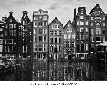 Amsterdam Canal With Dutch Houses, Black And White.