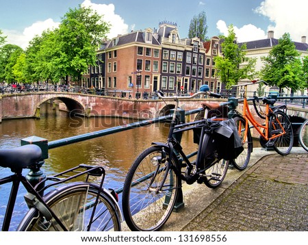 Amsterdam canal scene with bicycles and bridges
