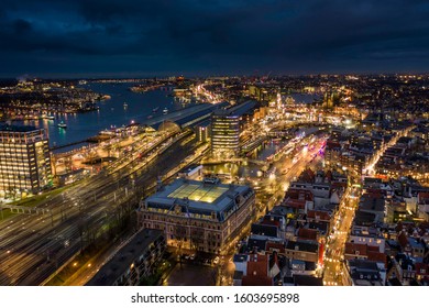 Amsterdam Central Train Station A Major International Railway Stop At Night Aerial View