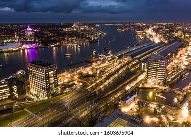 Amsterdam Central Train Station A Major International Railway Stop At Night Aerial View