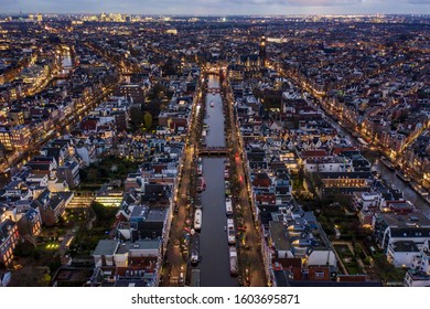 Amsterdam City Canals At Night Aerial View