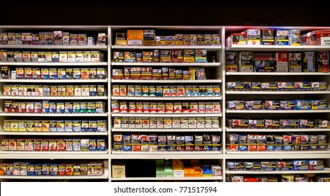 Amsterdam, December 2017. Display With Different Brands Of Cigarettes And Shag Tobacco