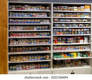 Amsterdam, February 2018. Display With Different Brands Of Cigarettes And Shag Tobacco