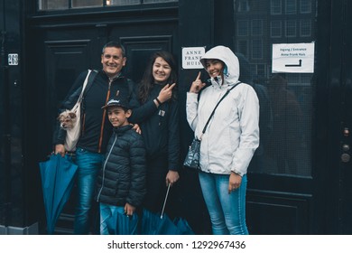 Amsterdam, Holland -29/04/2018: Anna Frank House, Amsterdam, Holland. Tourists Take Picture In Historic Attraction.