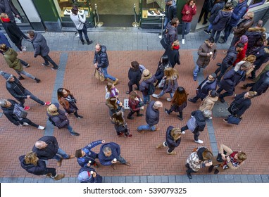 Amsterdam, Holland, December 2016: Many People Walking And Standing In A Shopping Street, Seen From A High Standpoint