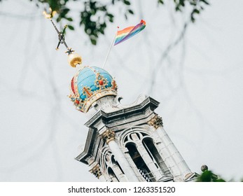 Amsterdam, Holland, Netherlands - August 2018 04: Water Parade Of The Gay Pride In Amsterdam, Flagged Westerkerk