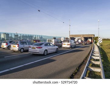 Amsterdam, Holland, November, 2016. Traffic Jam At The Entrance To A Tunnel In The Ring Road