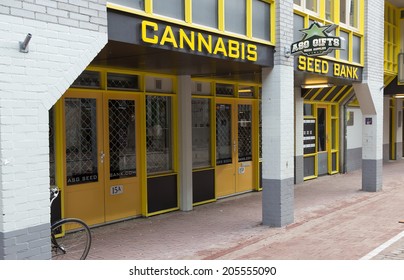 AMSTERDAM, HOLLAND - October 17, 2012: Bank of grains (seeds) of cannabis (hemp) on one of streets of Amsterdam in Holland