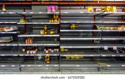 Amsterdam, March 2020. Empty Shelves In A Supermarket Due To Stocking Up Or Shortages