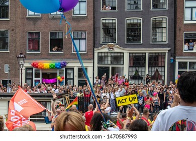 Amsterdam, The Netherlands, 03/08/19: Canal Pride Parade, Boat Against Hiv Stigma, With Banner 