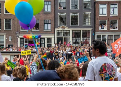 Amsterdam, The Netherlands, 03/08/19: Canal Pride Parade, Boat Against Hiv Stigma, With Banner 