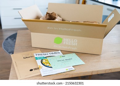 Amsterdam, The Netherlands, 05-28-2022, Hello Fresh, Meal Box On A Kitchen Table, Food Delivery, Fresh Vegetables With Meat, Fish Or Vegetarian And Even Vegan. Ingredients For Dinner, Cooking Yourself