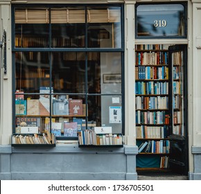 Amsterdam, Netherlands - 08/06/2019 : Vintage bookstore entrance