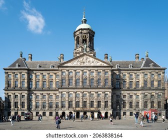 Amsterdam, The Netherlands - 09 25 2021: Royal Palace (Dutch: Koninklijk Paleis or Paleis op de Dam) on the west side of Dam Square was built as a city hall during the Dutch Golden Age (17th century)