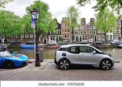 AMSTERDAM, NETHERLANDS -10 JUNE 2015- Amsterdam.has The Second Largest Fleet Of Plug-in Electric Vehicles Per Capita In The World After Norway. Charging Stations Are Available In The Streets.