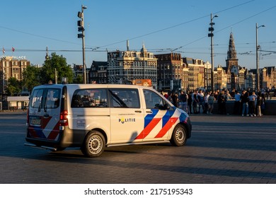 Amsterdam, The Netherlands - 22 June 2022: Police Car At Centraal Station Square