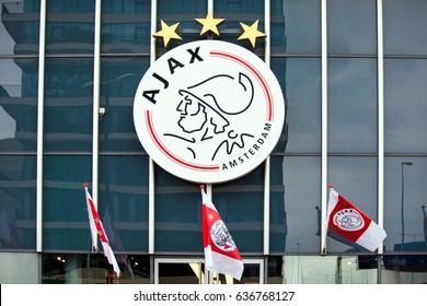 Amsterdam, Netherlands - April, 2017: Ajax logo on Amsterdam Arena, Netherlands