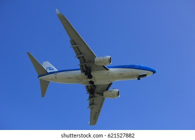 Amsterdam, the Netherlands - April 9th, 2017: PH-BGE KLM Royal Dutch Airlines Boeing 737  approaching Polderbaan runway at Schiphol Amsterdam Airport, the Netherlands