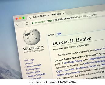 Amsterdam, The Netherlands - August 23, 2018: Wikipedia Page About Duncan Hunter On A Computer Monitor.