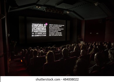 Amsterdam, The Netherlands - August 27 2016: Cinema Audience Watching Movie At Closing Award Ceremony Of World Cinema Amsterdam, A World Film Festival Held From 18 To 27/08/2016