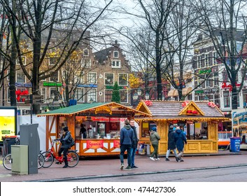 Amsterdam, Netherlands - December 05, 2015 : Christmas Market On Leidenplein Square In Amsterdam, Netherlands.