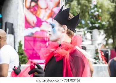 Amsterdam, The Netherlands - July 30 2017: Young Man Dressed Up As A Mime With Black Crown At Milkshake Festival In Westerpark