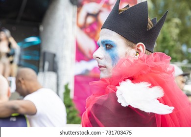 Amsterdam, The Netherlands - July 30 2017: Young Man Dressed Up As A Mime With Black Crown At Milkshake Festival In Westerpark