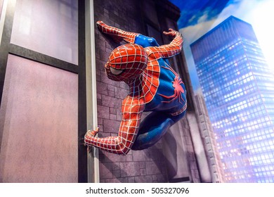 AMSTERDAM, NETHERLANDS - JUN 1, 2015: Spiderman in the Madame Tussauds museum in Amsterdam. Spider man is a fictional character created by Stan Lee