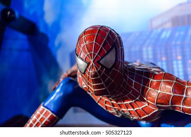 AMSTERDAM, NETHERLANDS - JUN 1, 2015: Spiderman in the Madame Tussauds museum in Amsterdam. Spider man is a fictional character created by Stan Lee