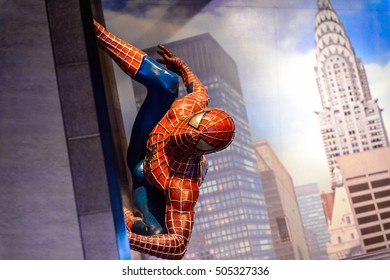 AMSTERDAM, NETHERLANDS - JUN 1, 2015: Spiderman in the Madame Tussauds museum in Amsterdam. Spider man is a fictional character created by Stan Lee