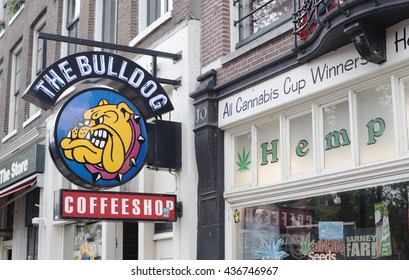 Amsterdam, Netherlands - June 1, 2016: Exterior Of The Bulldog Coffeeshop Which Sells Recreational Marijuana In The Heart Of Downtown Amsterdam. 